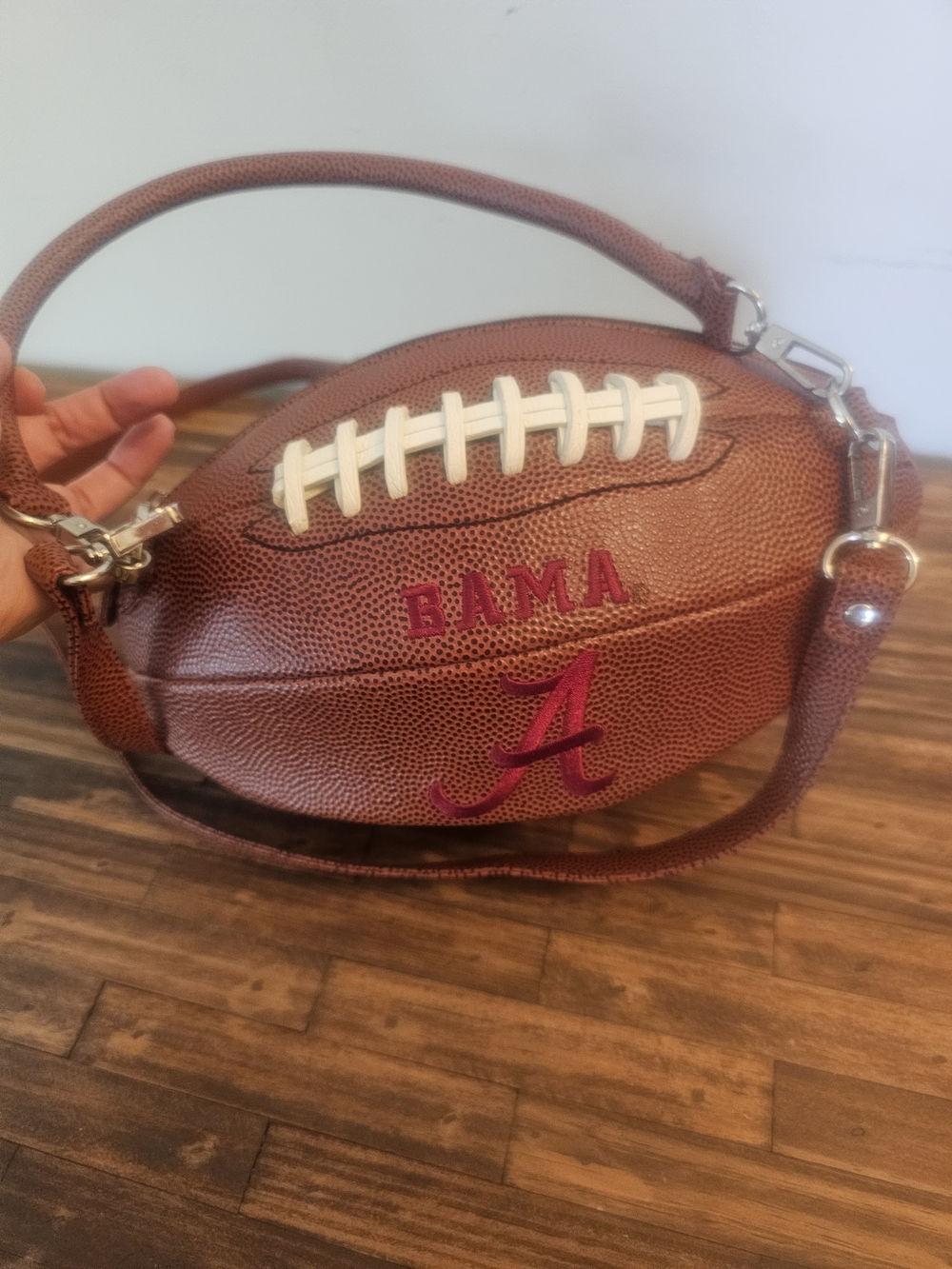 BAMA Football-Shaped Crossbody Bag in Brown with Crimson Logo